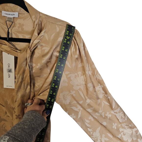 Calvin Klein NWT PXL Gold Floral Large Prints Tie Neck Bow Blouse. Career. Sexy - Picture 4 of 15